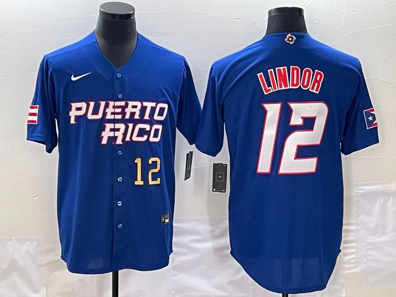 Men 2023 World Cub Puerto Rico #12 Lindor Blue Nike MLB Jersey4